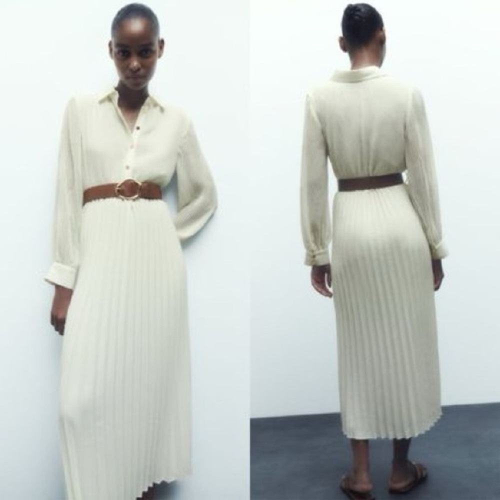 Zara Cream Long Sleeve Pleated Dress - Picture 3 of 8